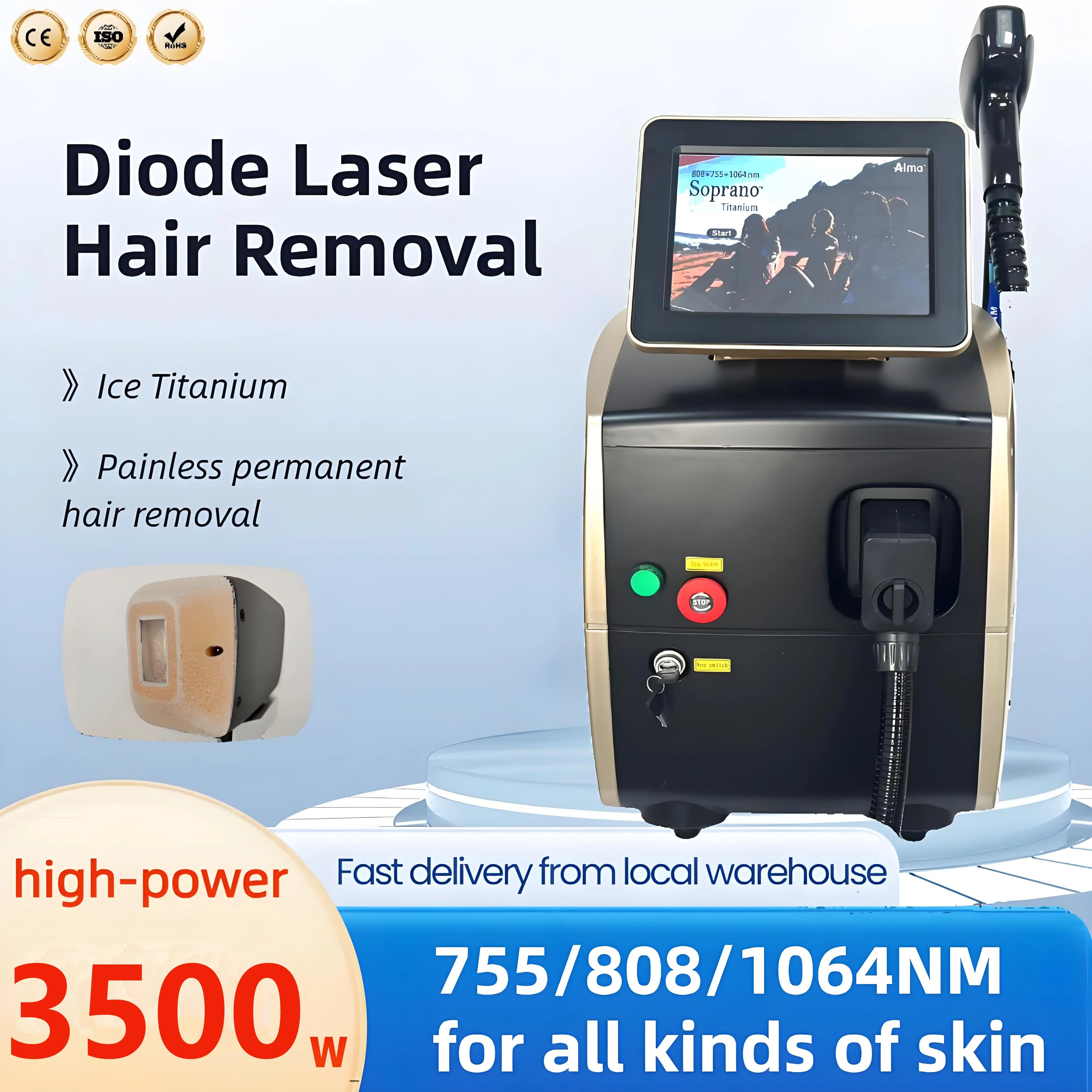Professional Ice Titanium Laser Epilator 3 Wavelengths Diode Laser remove hair Machine Permanent Hair Removal Machine for salon