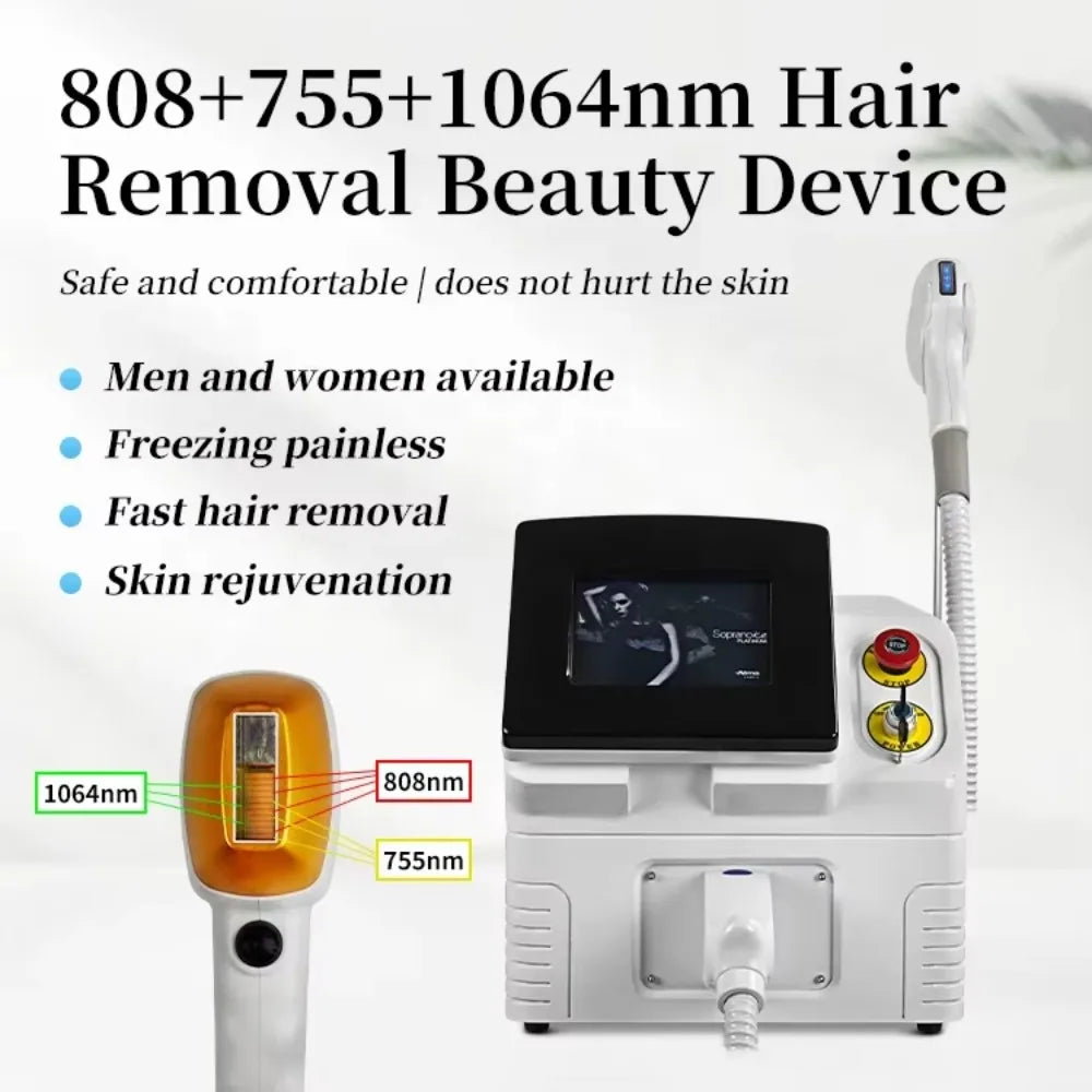 808nm 3 Wavelength 808 755 1064 1600w 10Bar Diode Laser Hair Removal Machine Skin Whitening Rejuvenating Hair Removal Device